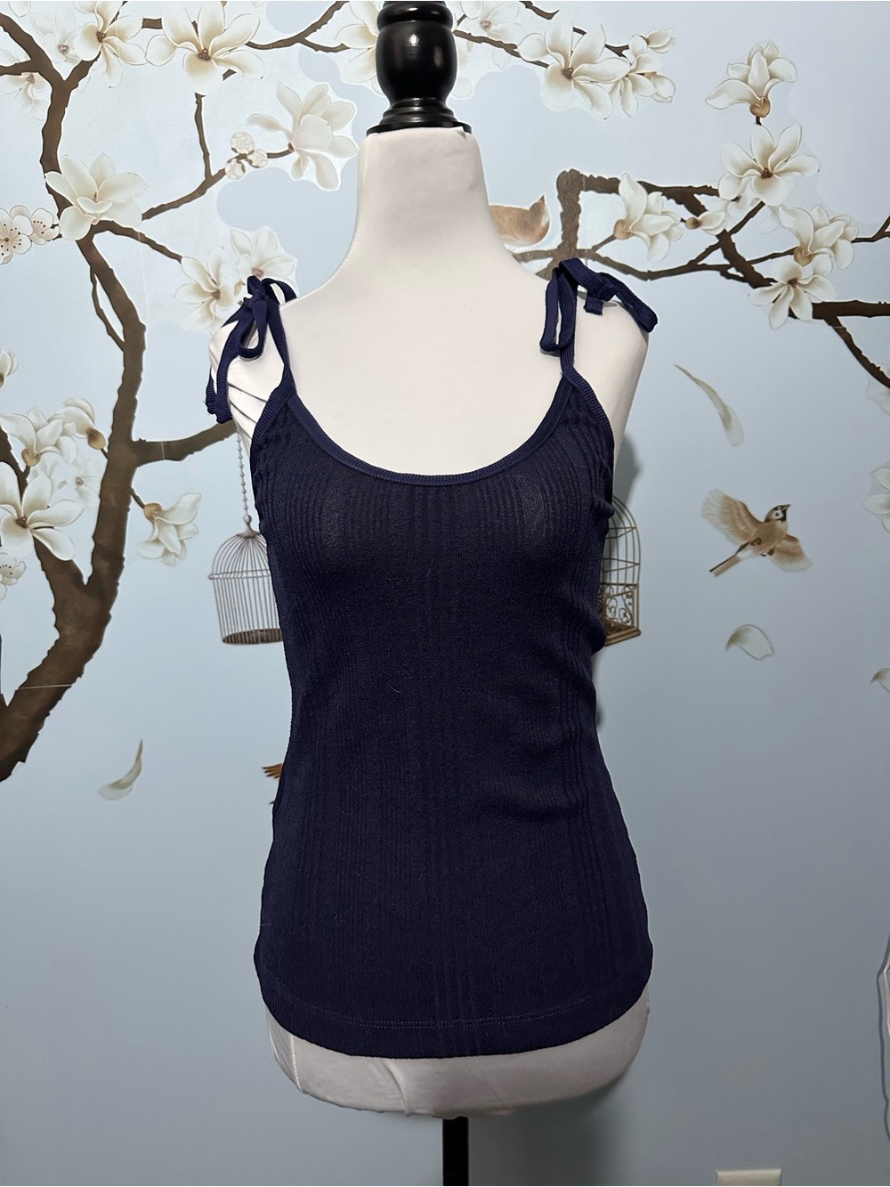 Mango Navy Ribbed Tie-Shoulder Camisole